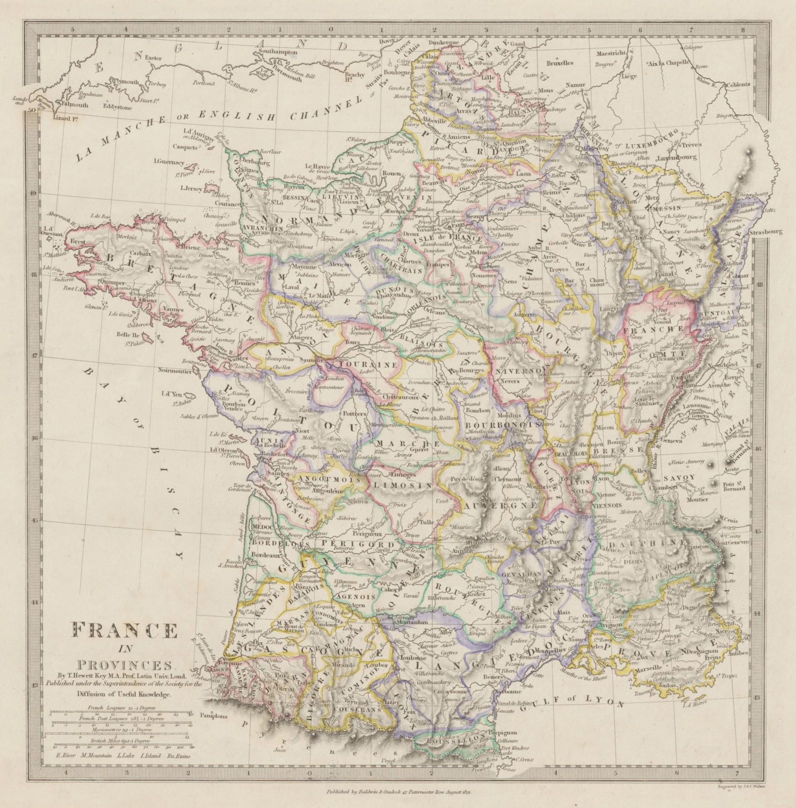 FRANCE with pre-revolutionary Provinces. Original hand colour SDUK 1844 map